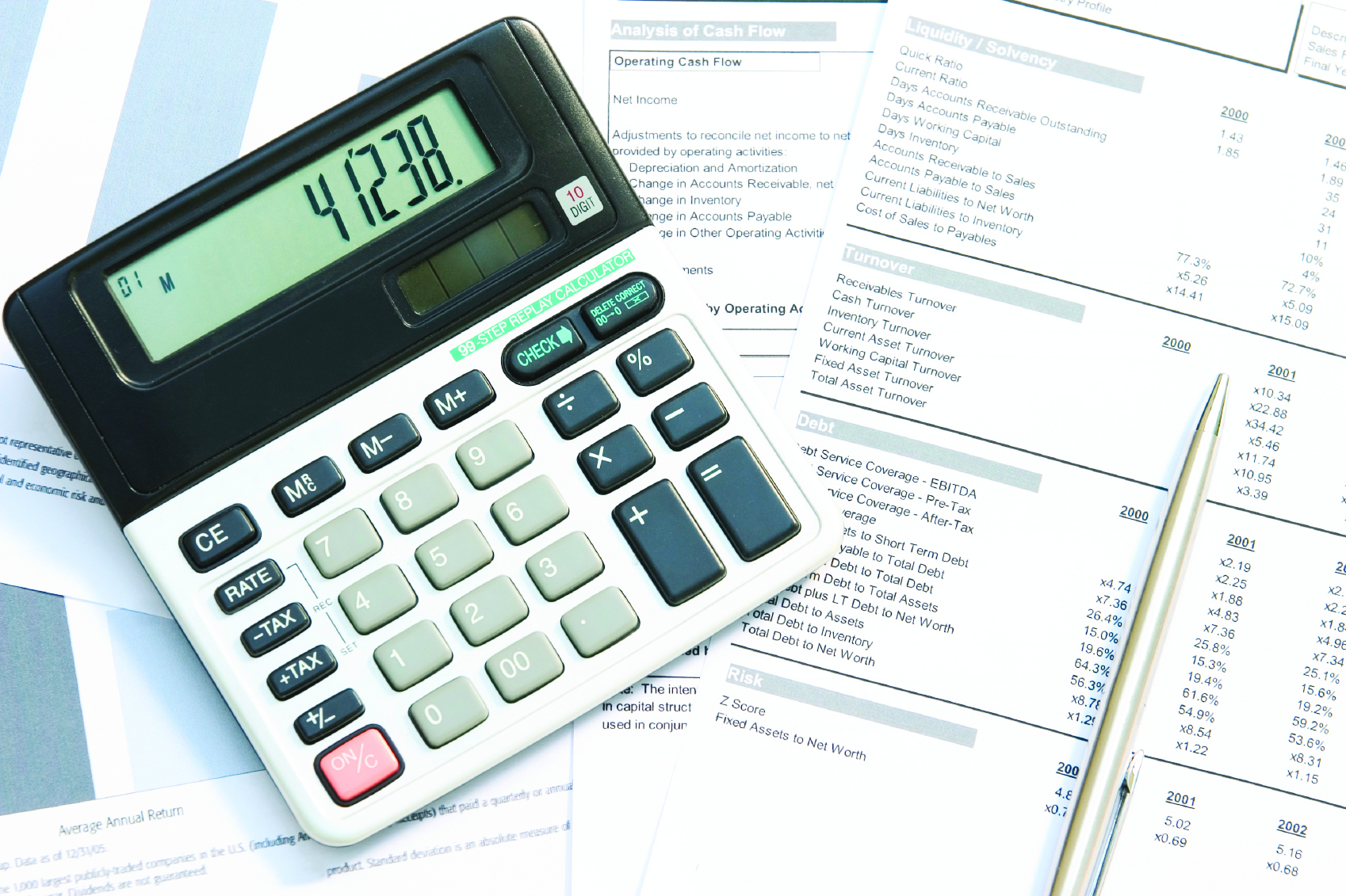 A calculator and pen on top of financial reports.